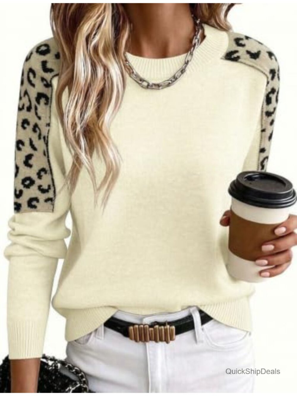 Womens Crew Neck Sweater Leopard Patchwork Long Sleeve Knit Pullover